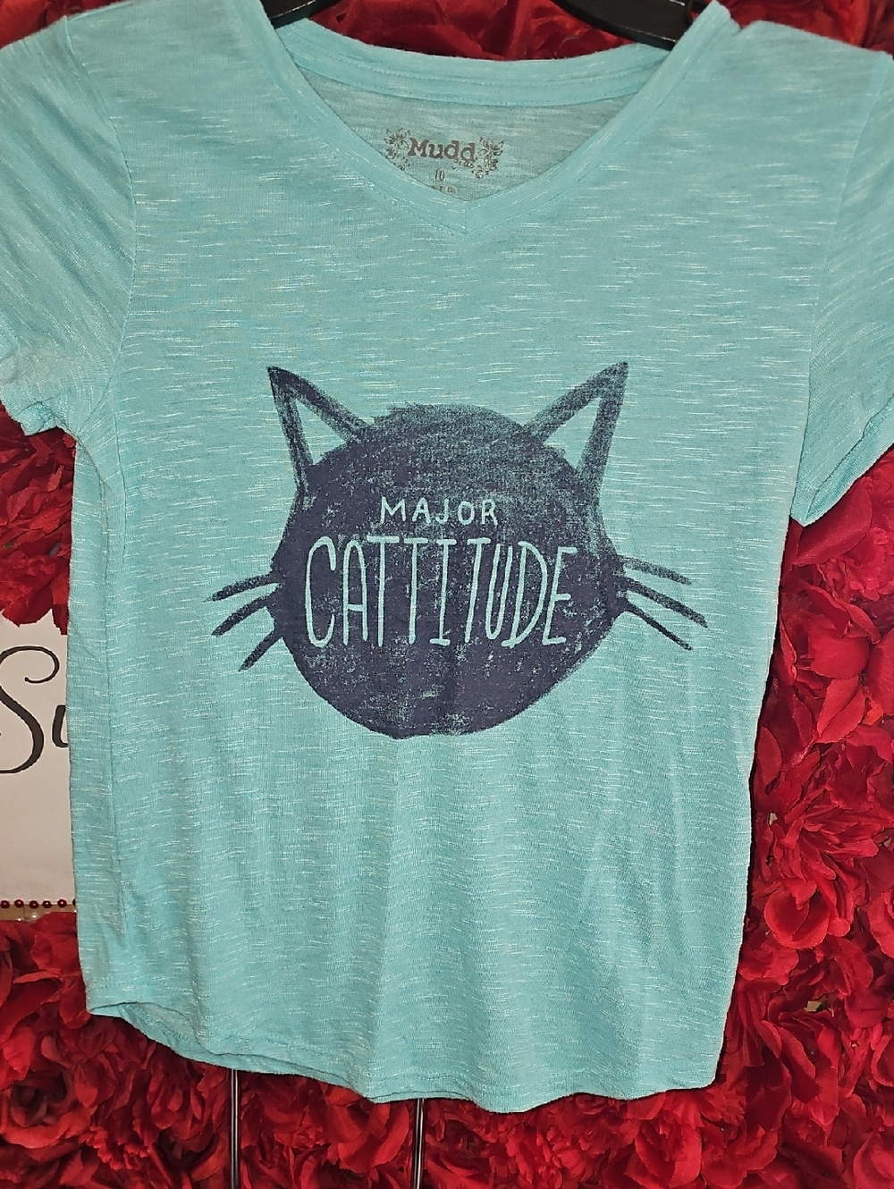 Mudd Girls Teal Short-Sleeve Cat Graphic Tee with Navy Print Size 10